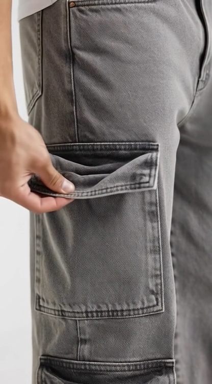 Calça Jeans Cargo Masculina Cinza Bolsos Laterais Streetwear
