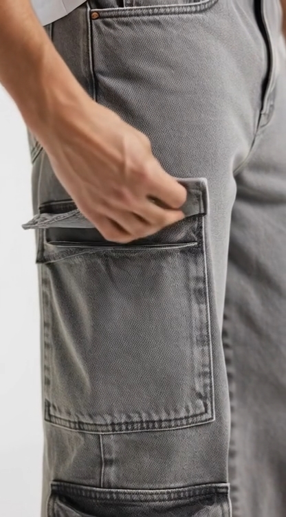 Calça Jeans Cargo Masculina Cinza Bolsos Laterais Streetwear