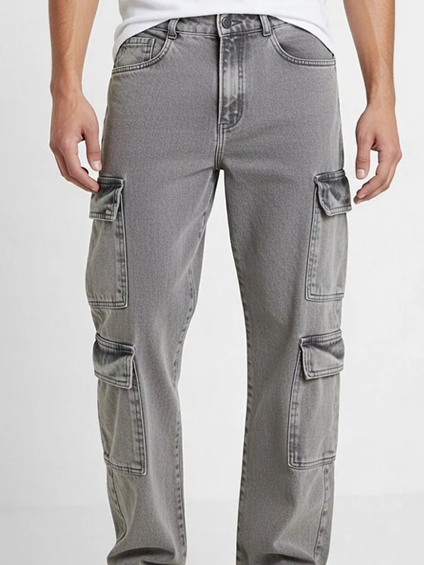 Calça Jeans Cargo Masculina Cinza Bolsos Laterais Streetwear