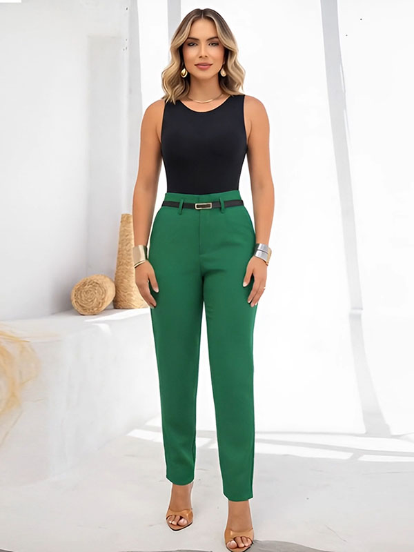 Calça Skinny Feminina Verde com Cinto Modelagem Ajustada