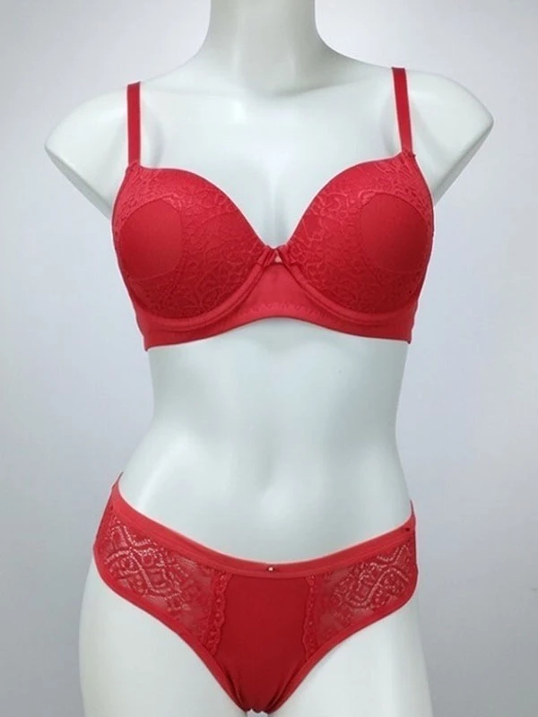 Conjunto Lingerie Rendado Feminino Sutiã com Bojo + Calcinha Vermelha