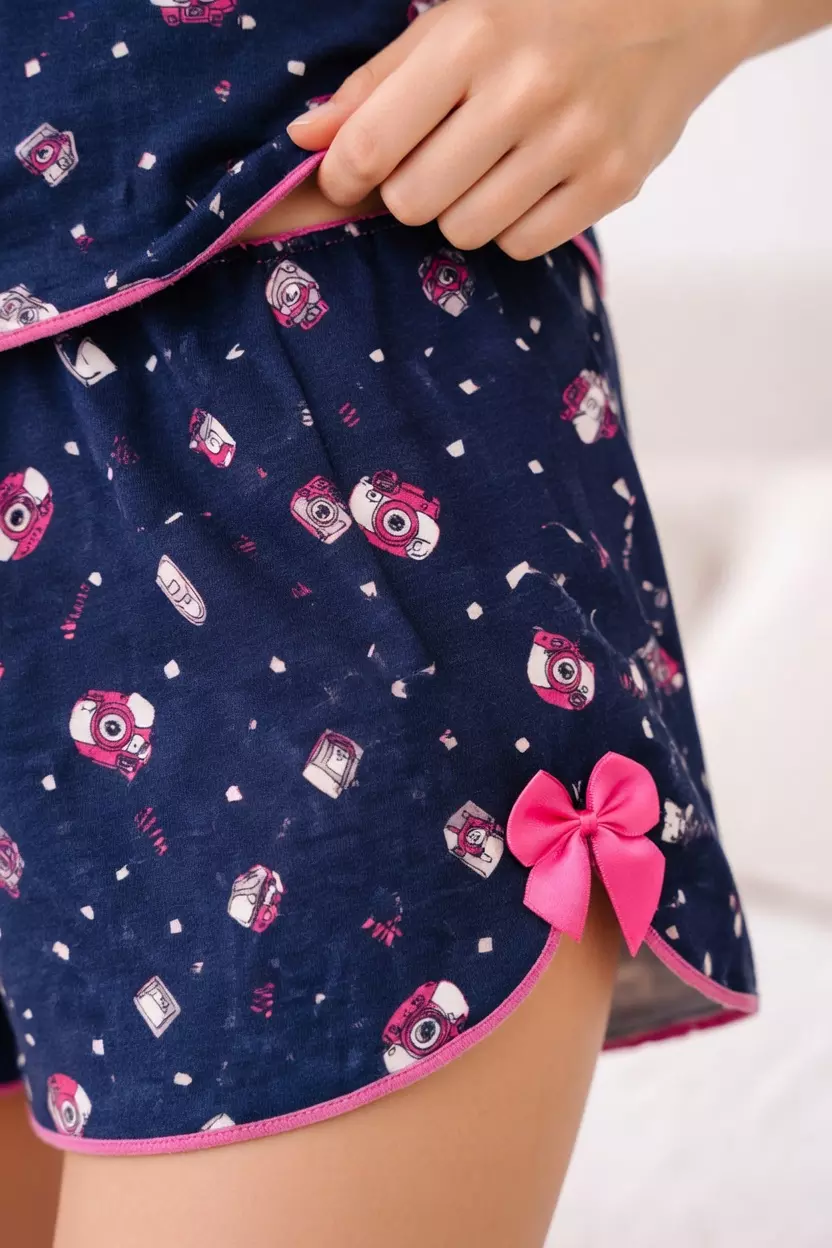 Pijama Shorts Doll Feminino Estampado Azul com Laço Rosa