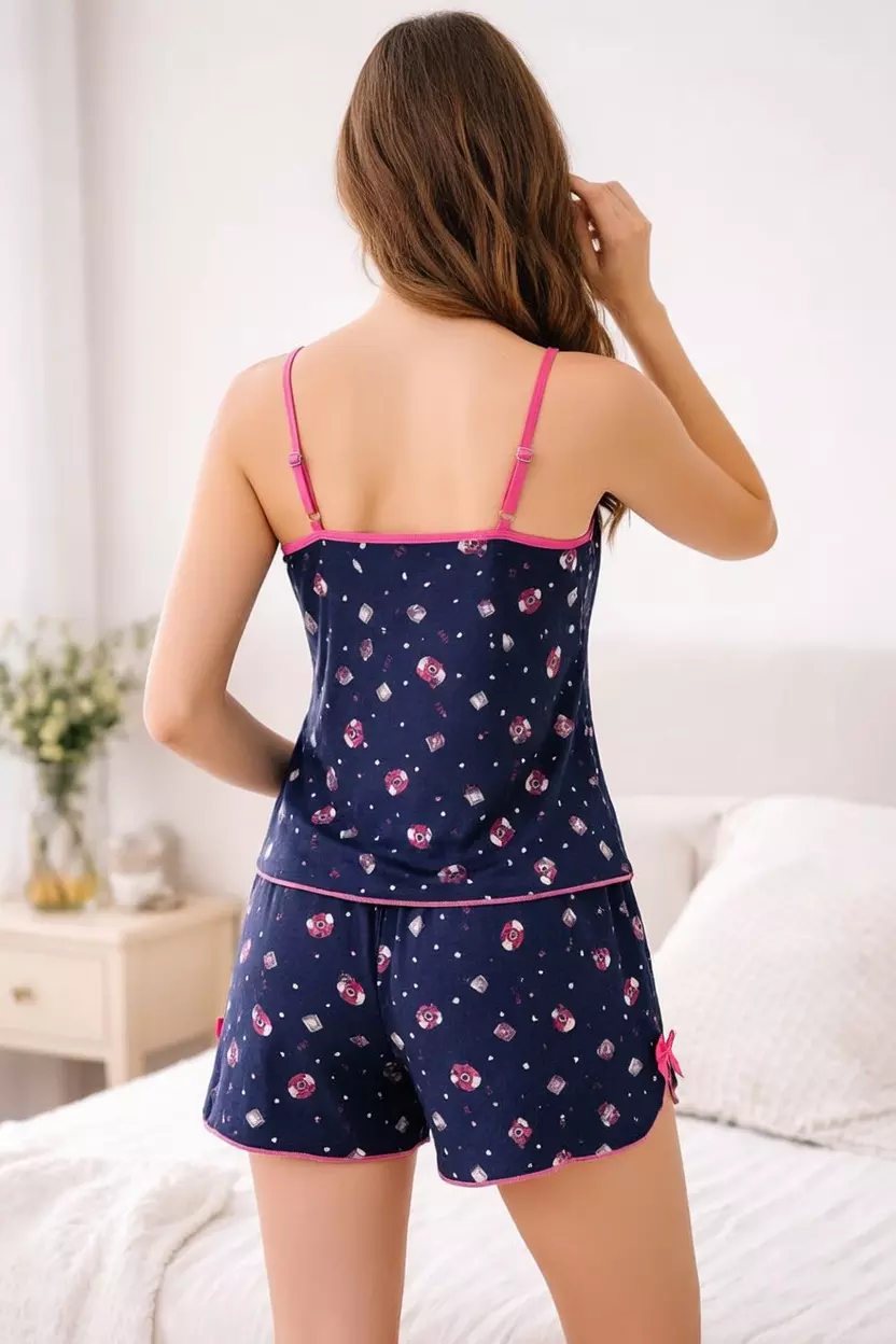 Pijama Shorts Doll Feminino Estampado Azul com Laço Rosa