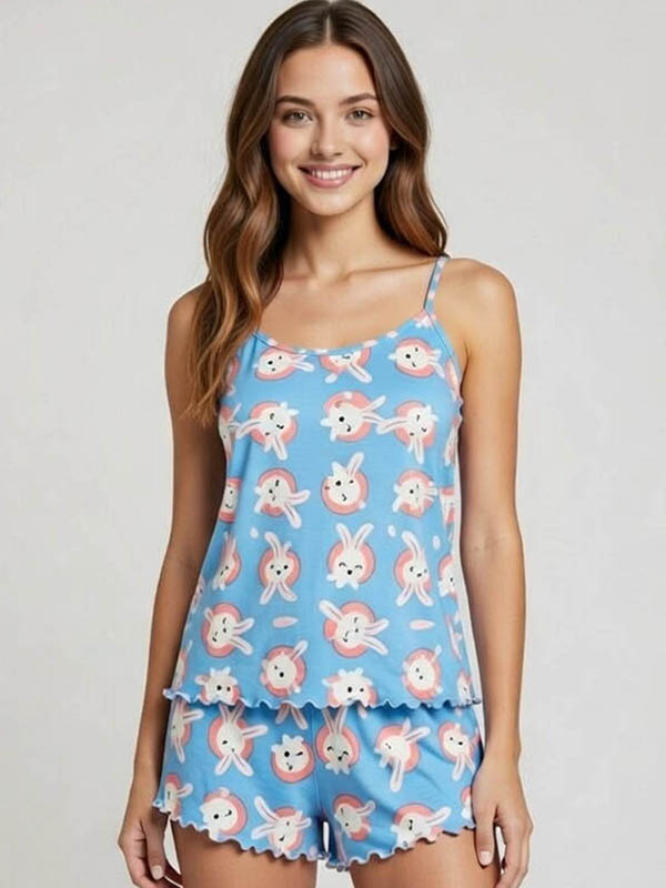 Short Doll Feminino Azul Estampado Coelhinhos