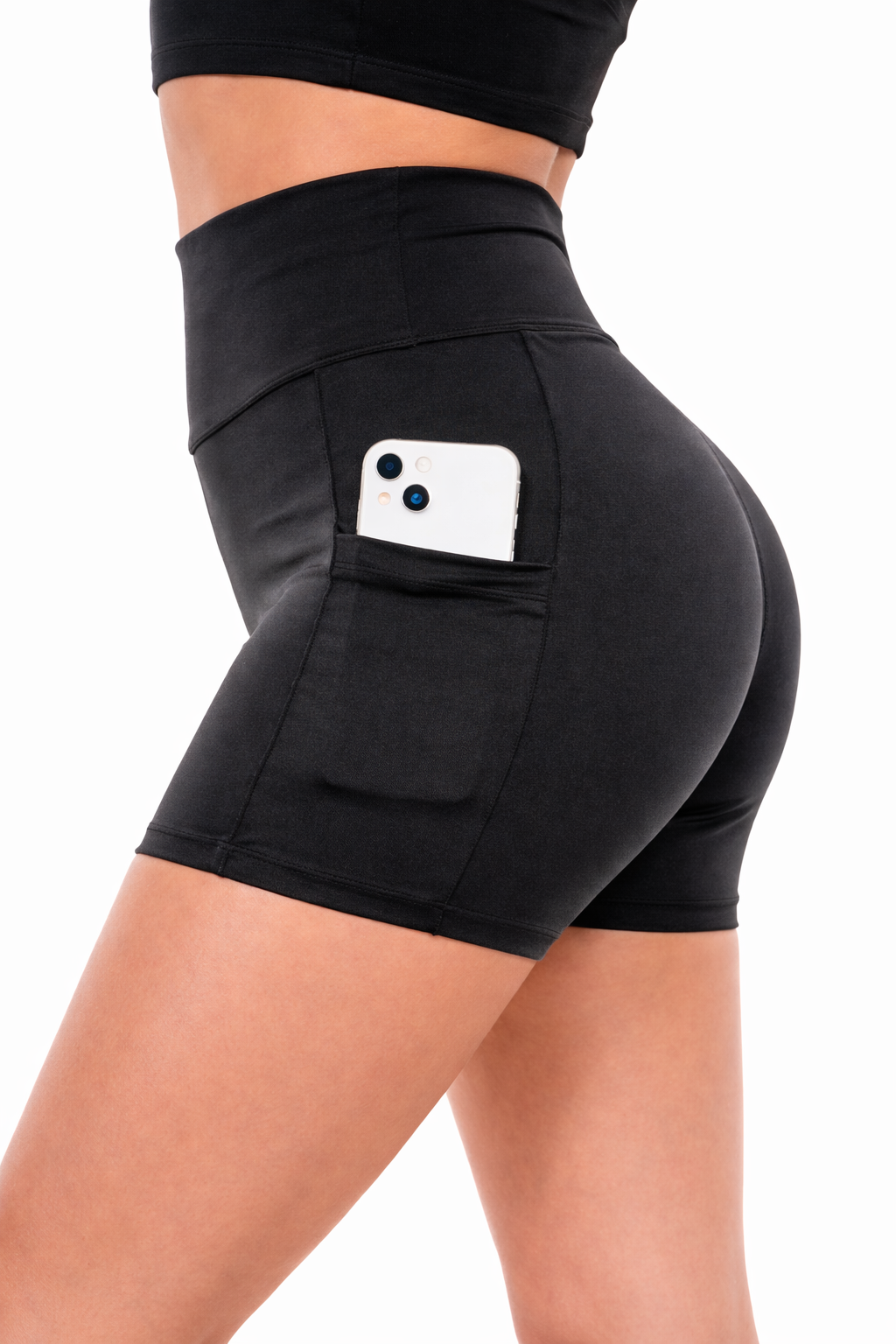 Shorts Fitness Feminino Preto Cós Alto com Bolso Lateral