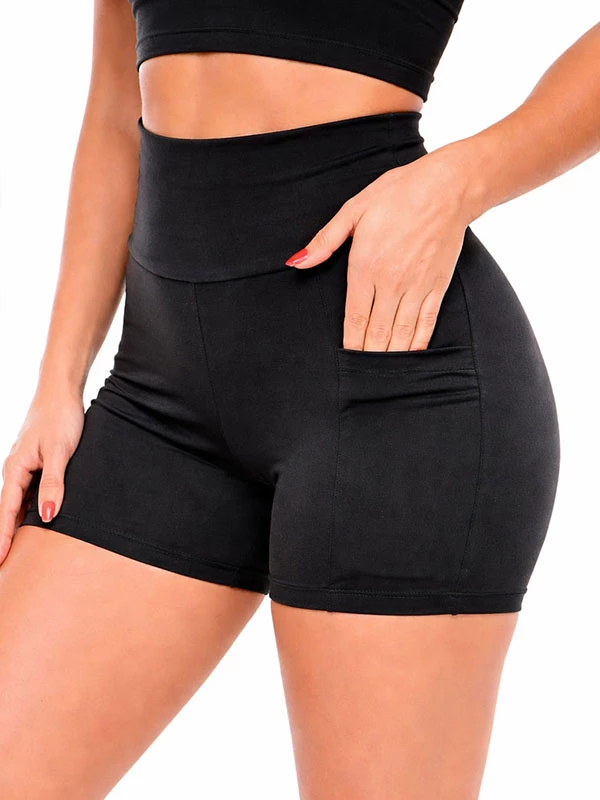 Shorts Fitness Feminino Preto Cós Alto com Bolso Lateral