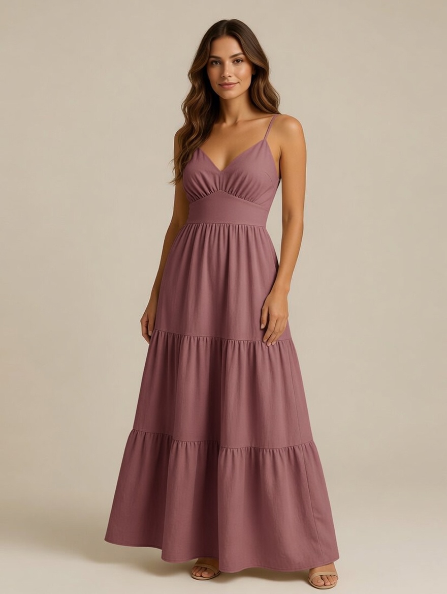 Vestido Longo Feminino Alça Fina Decote V Casual Elegante