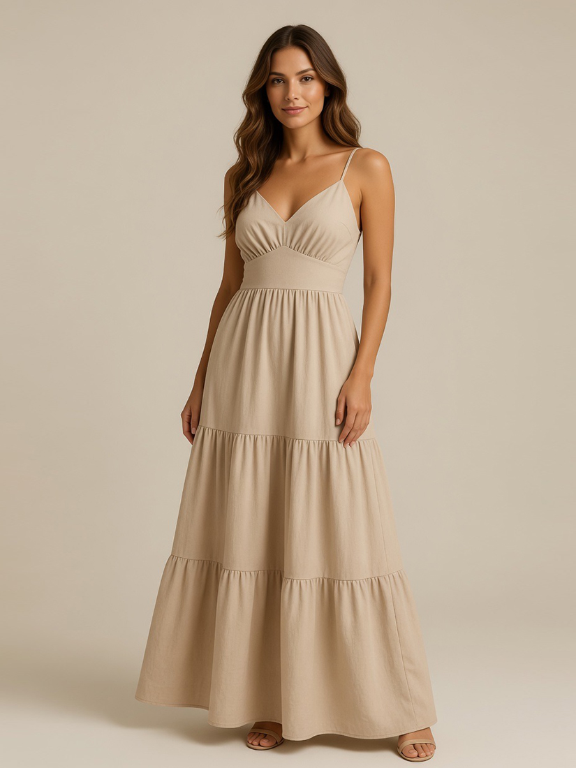 Vestido Longo Feminino Alça Fina Decote V Casual Elegante